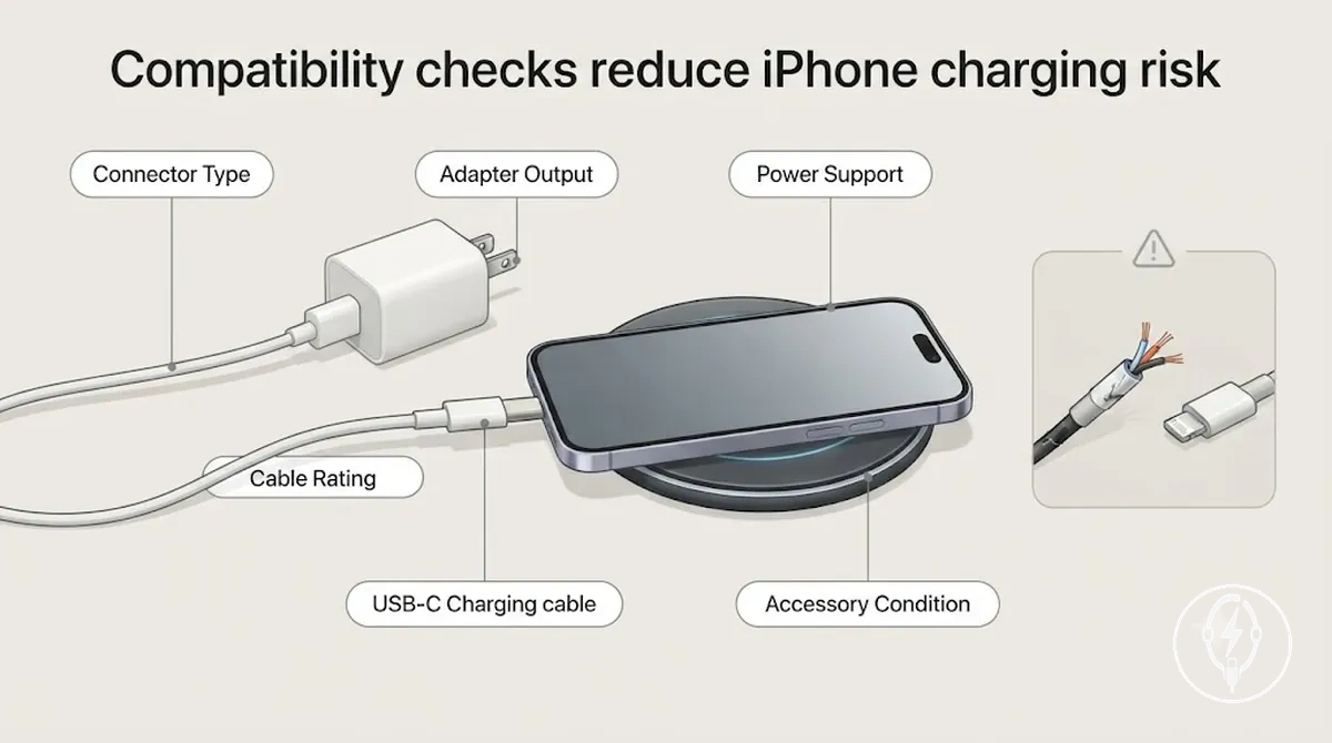 فحوصات التوافق لكابل شحن iPhone والموصل والمحول والشاحن اللاسلكي وملاءمة الجهاز