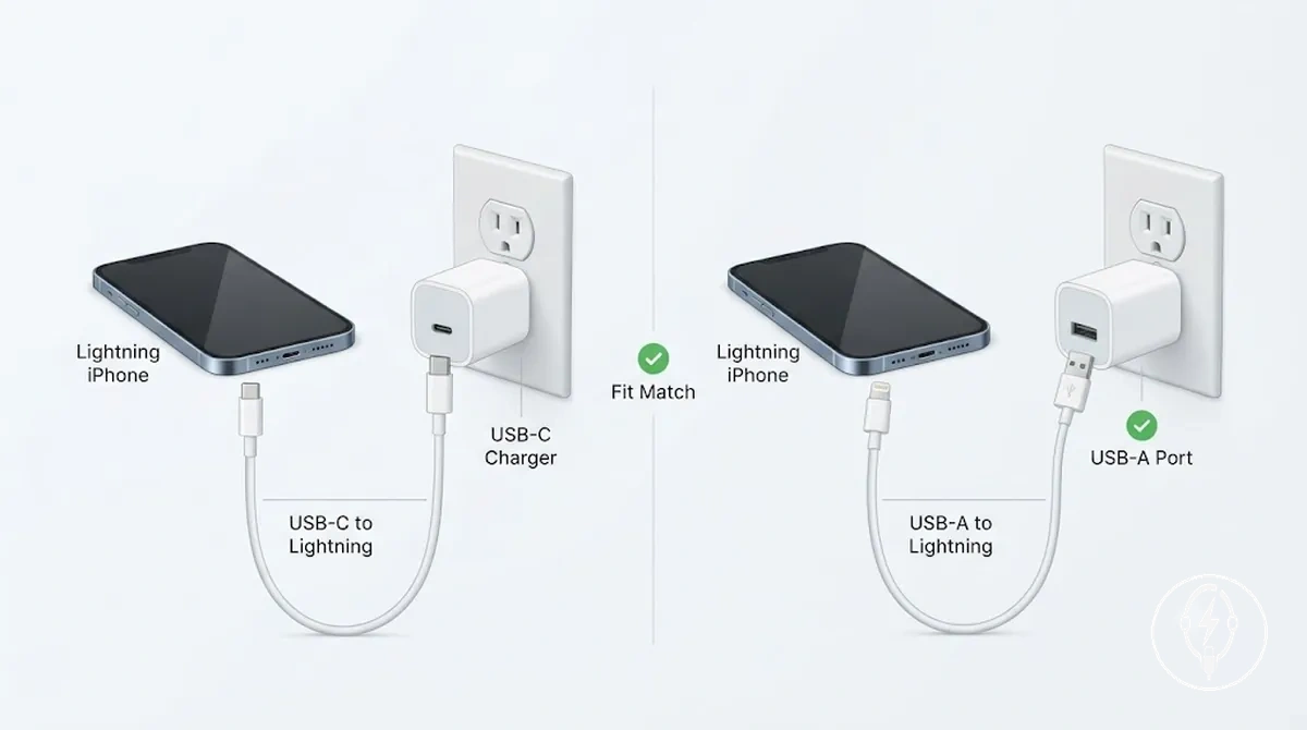 iPhone مزود بـ Lightning مع كابل USB-C إلى Lightning يظهر موصلي طرف iPhone وطرف المصدر