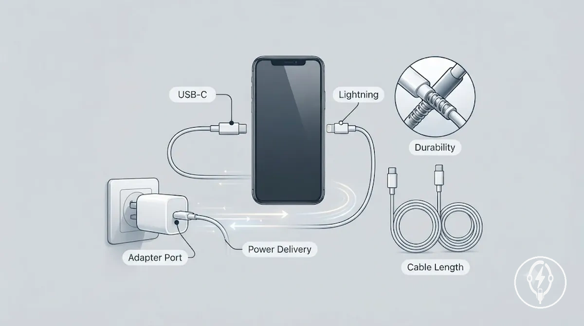 كابلات شحن USB-C وLightning مع محولات طاقة USB متوافقة لشحن iPhone السلكي