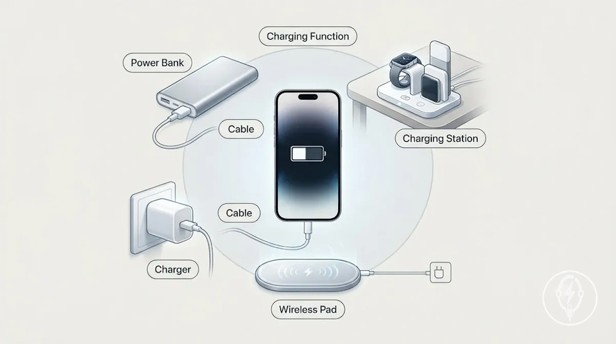 شاحن وكابل ووسادة لاسلكية ومحطة شحن وبنك طاقة مستخدمة لشحن iPhone