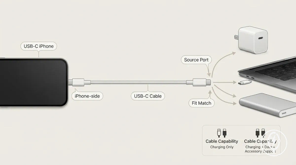iPhone مزود بـ USB-C متصل بكابل شحن USB-C يظهر موصلي طرف iPhone وطرف المصدر