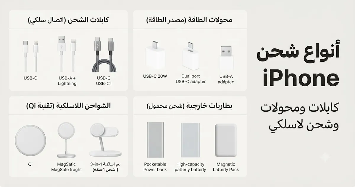 أنواع ملحقات شحن iPhone مثل الكابلات والمحولات والشواحن اللاسلكية وبنوك الطاقة