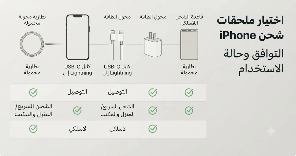 اختيار ملحقات شحن iPhone على هيئة قائمة تحقق حسب التوافق وحالة الاستخدام