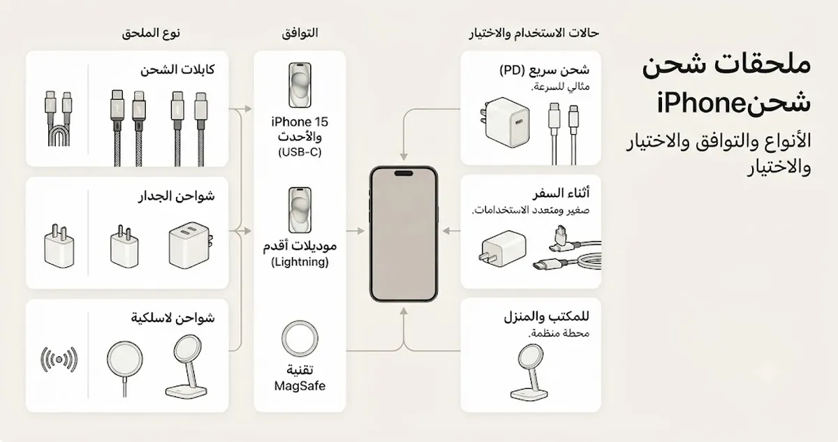 ملحقات شحن iPhone مرتبة حسب النوع والتوافق وحالة الاستخدام عند الشراء