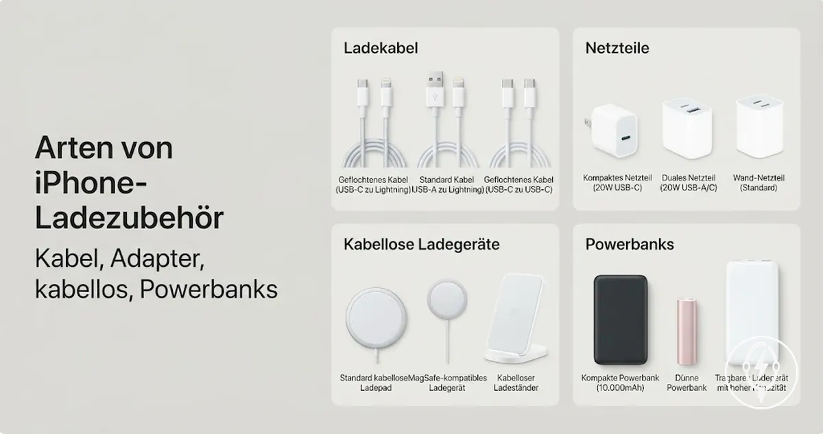 Arten von iPhone-Ladezubehör, darunter Kabel, Adapter, kabellose Ladegeräte und Powerbanks