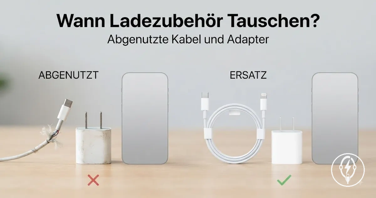 Abgenutztes iPhone-Ladezubehör im Vergleich mit Ersatzkabeln und Ersatzadaptern