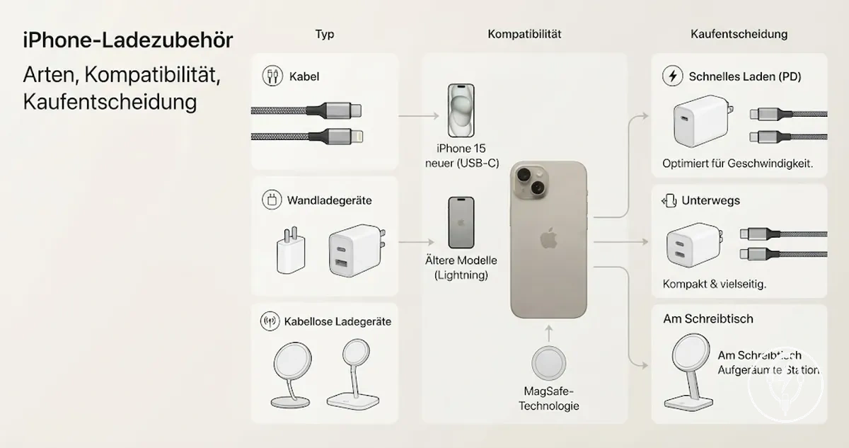 iPhone-Ladezubehör nach Art, Kompatibilität und Kaufzweck angeordnet