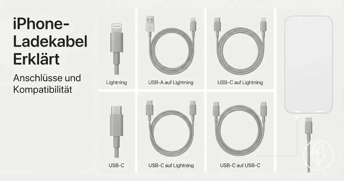 iPhone-Ladekabel und Anschlussenden für einen Kompatibilitätsvergleich angeordnet
