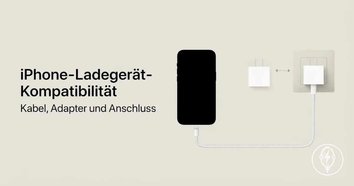 Kompatibles iPhone-Ladegerät mit Kabel, Adapter und passendem Anschluss als Ladeaufbau