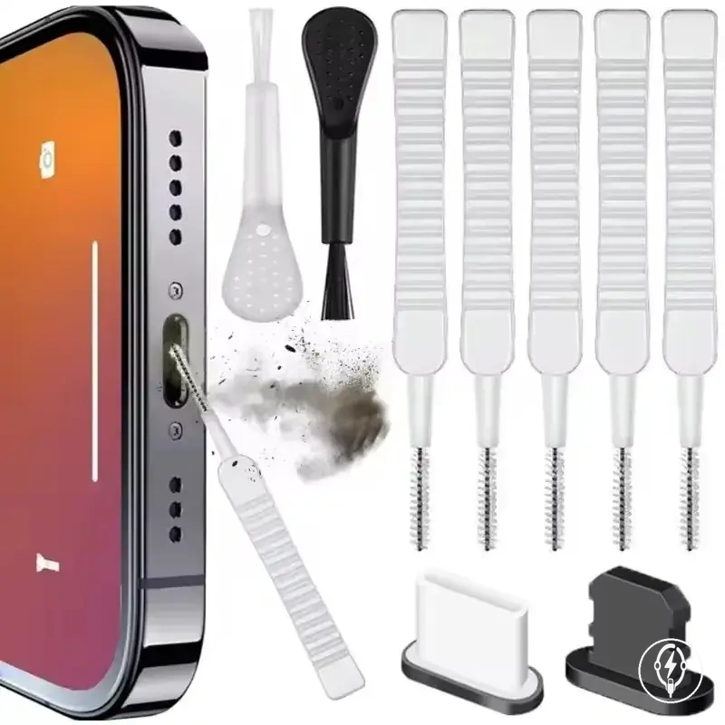 Reinigungsset für Smartphone-Lautsprecher und Ladeanschluss mit Bürste und Staubschutzsteckern