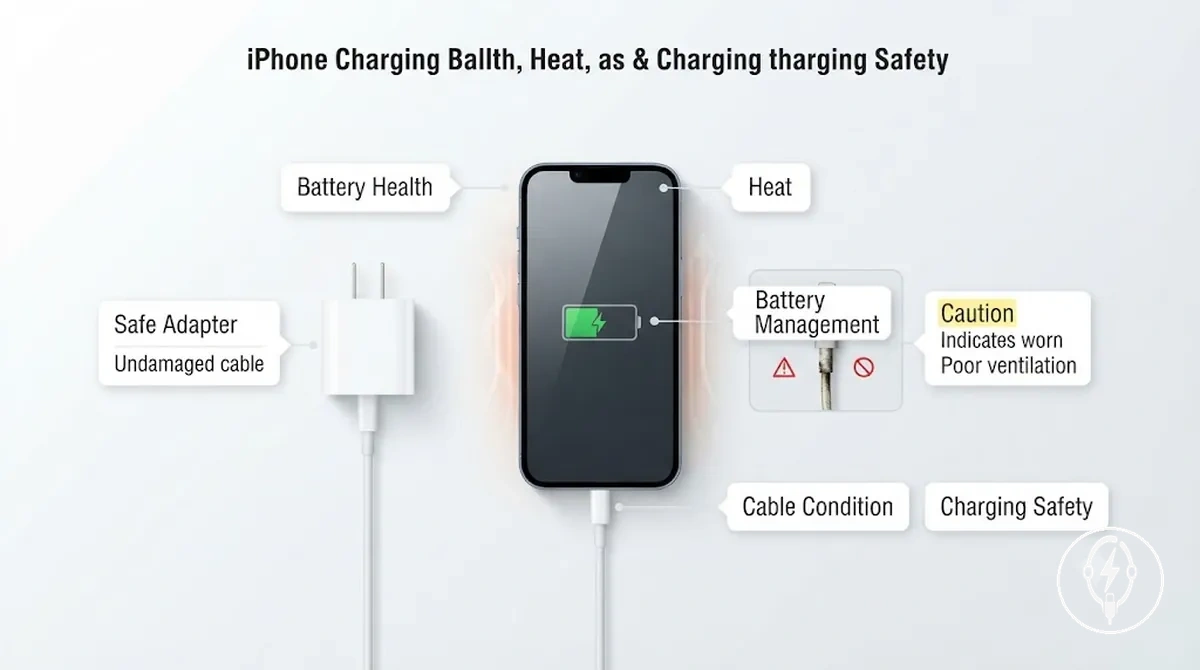 Beschriftetes iPhone-Lade-Setup mit Wärme-, Akku-Gesundheits- und Ladesicherheitsbedingungen