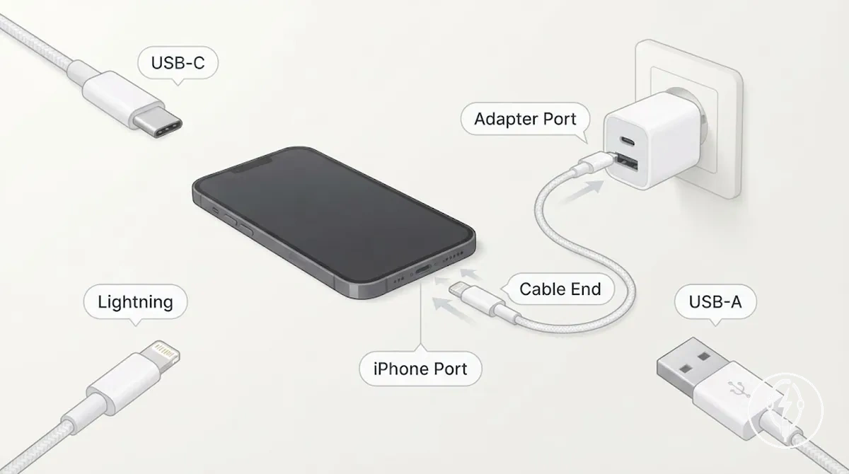 Anschlussbegriffe an iPhone-Ladekabel und Adapteranschlüssen