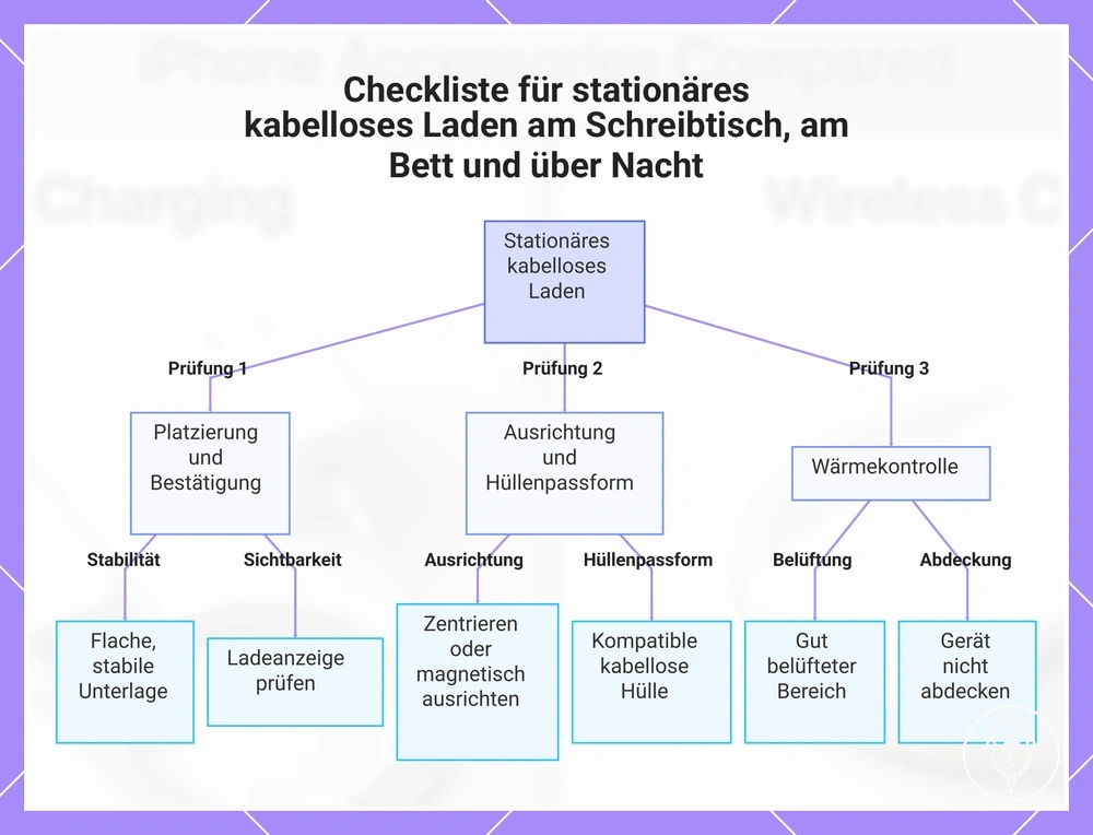 Checkliste für stationäres kabelloses Laden am Schreibtisch, am Bett und über Nacht
