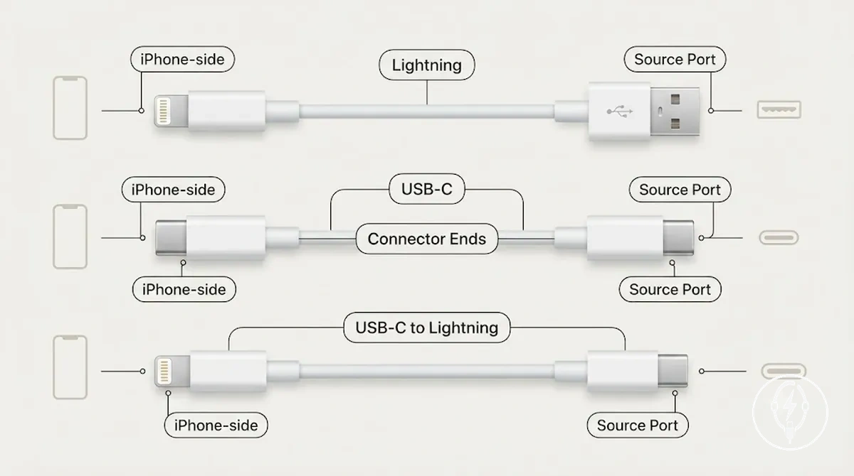 Vergleich von Lightning-, USB-C- und USB-C-auf-Lightning-Kabeltypen mit Darstellung der Anschlussenden