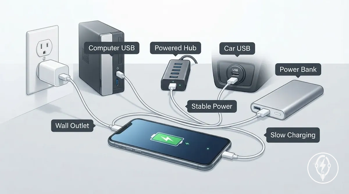 Vergleich gängiger USB-Stromquellen zum Laden eines iPhones