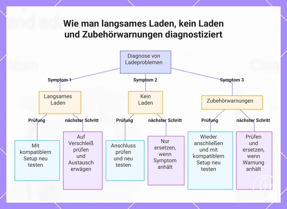 Wie man langsames Laden, kein Laden und Zubehörwarnungen diagnostiziert