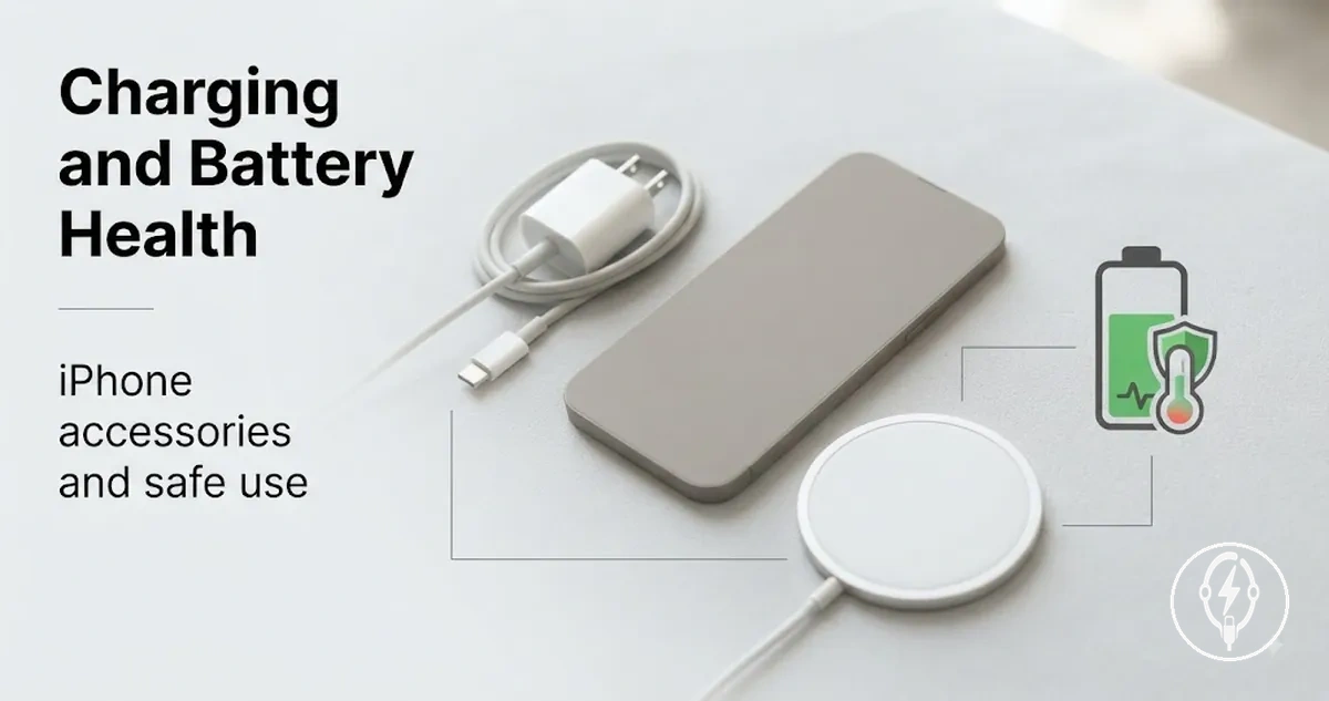 iPhone charging accessories shown with battery health and safe charging context
