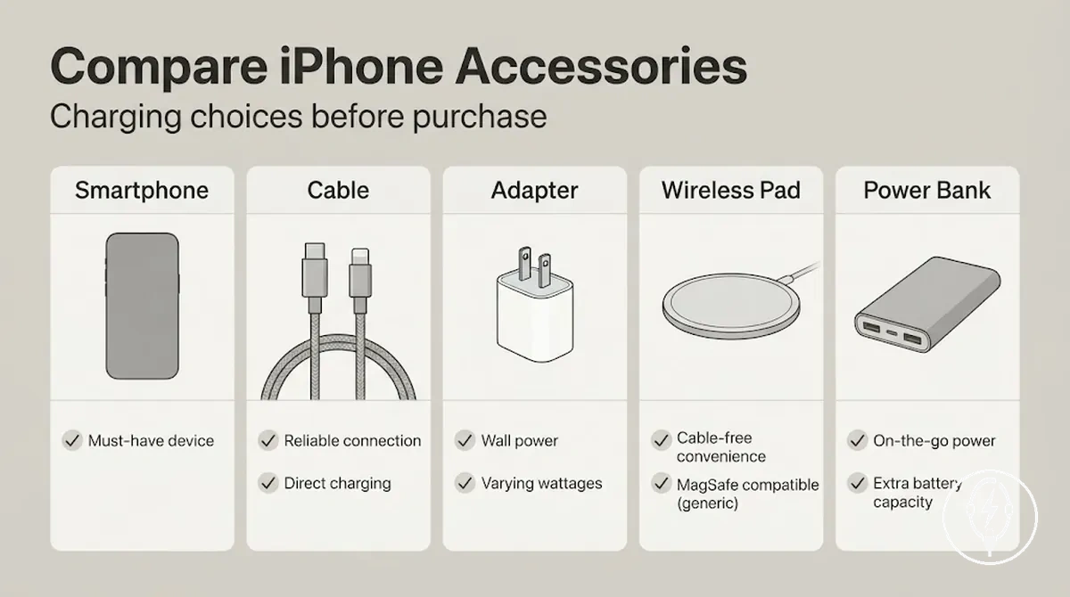 iPhone charging accessories arranged for comparison before buying