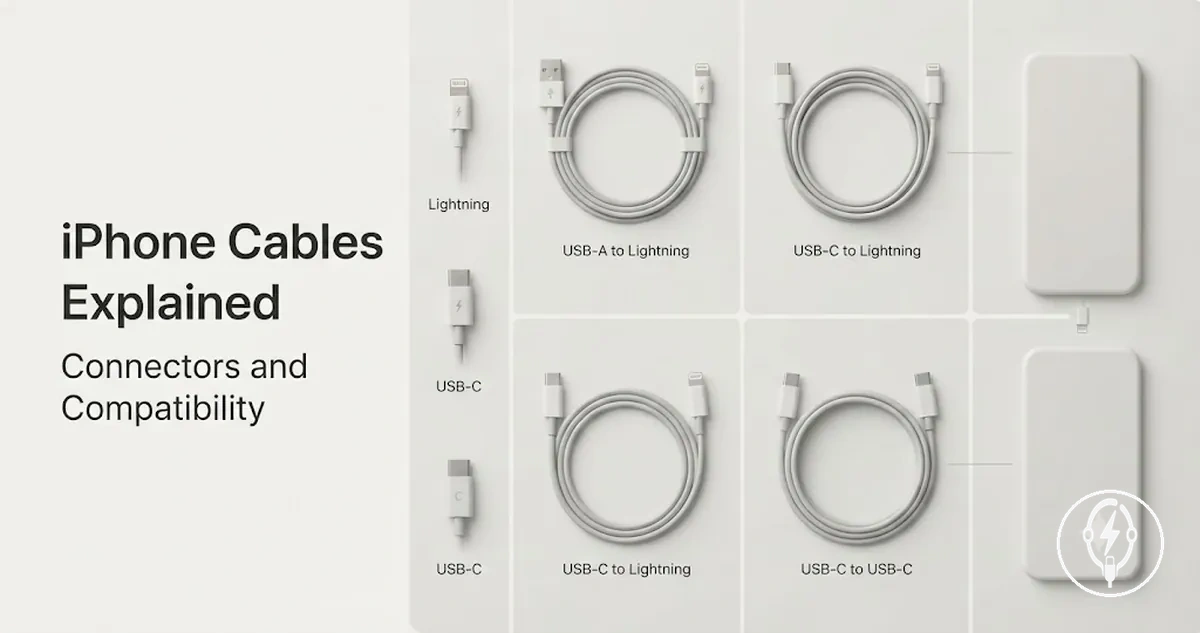 iPhone charging cables and connector ends arranged for compatibility comparison