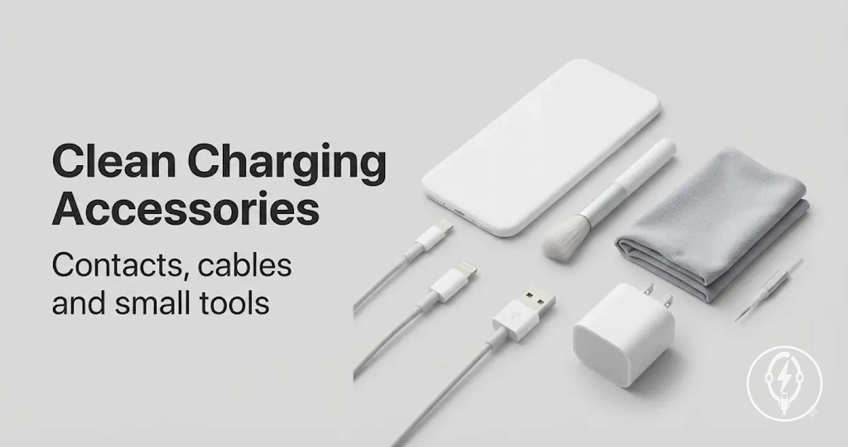Cleaning iPhone charging accessories and charging contacts with small maintenance tools