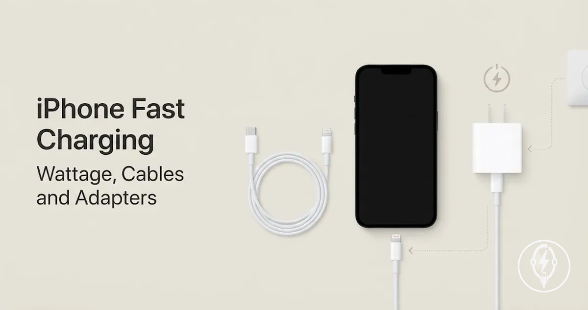 iPhone fast charging accessories with adapter, cable, and wattage-focused setup