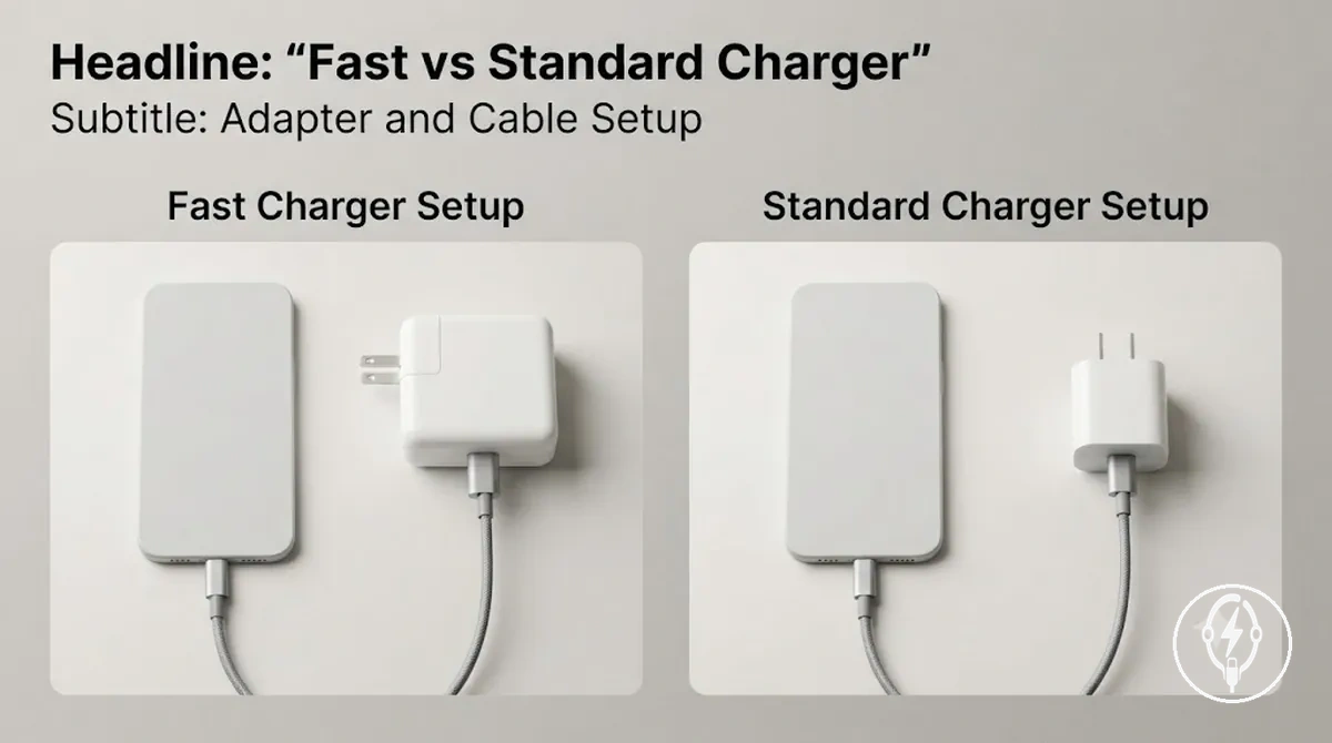 Fast charger and standard charger for iPhone compared by adapter and cable setup