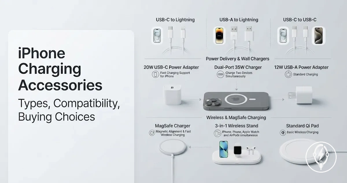 iPhone charging accessories arranged by type, compatibility, and buying use case