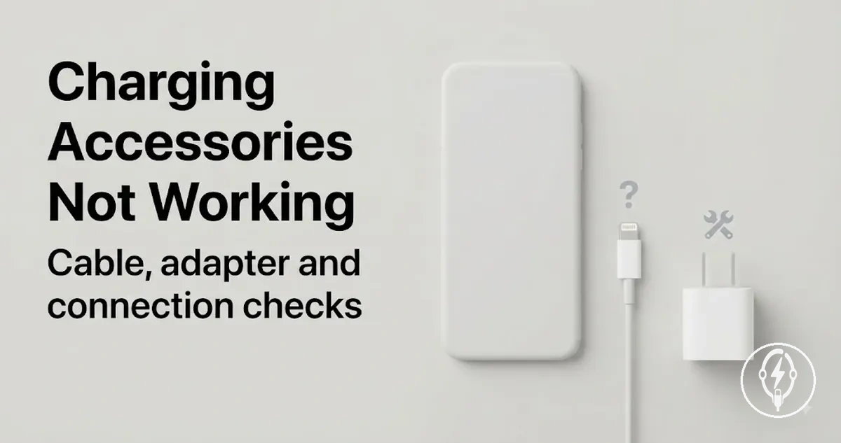 iPhone charging accessories troubleshooting scene with cable, adapter, and charging connection issues
