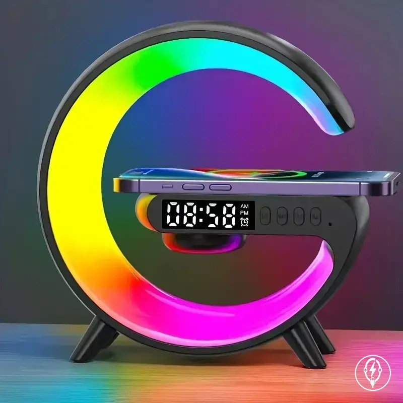 Wireless charger stand with RGB light, alarm clock, and speaker