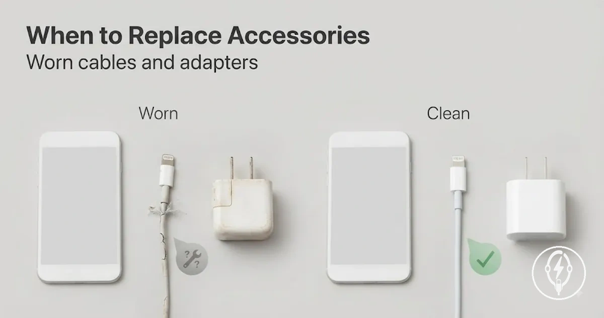 Worn iPhone charging accessories compared with replacement cables and adapters