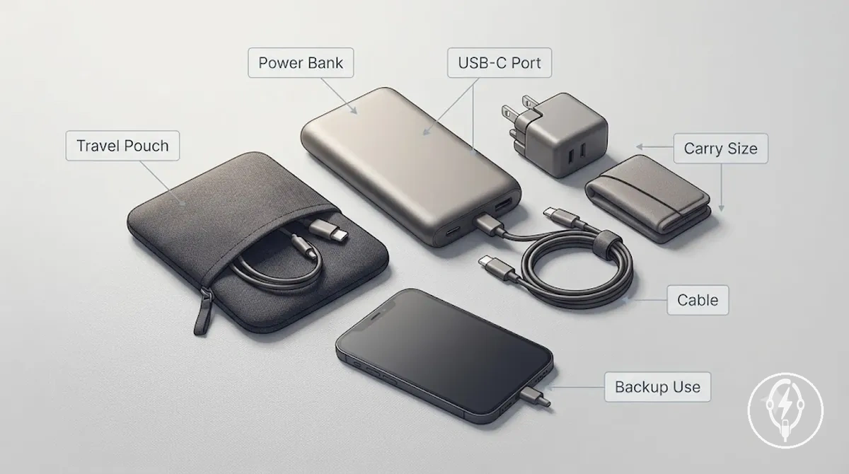 Portable chargers and travel kits showing a power bank, compact charger, charging cable, travel pouch, and outlet-free charging setup