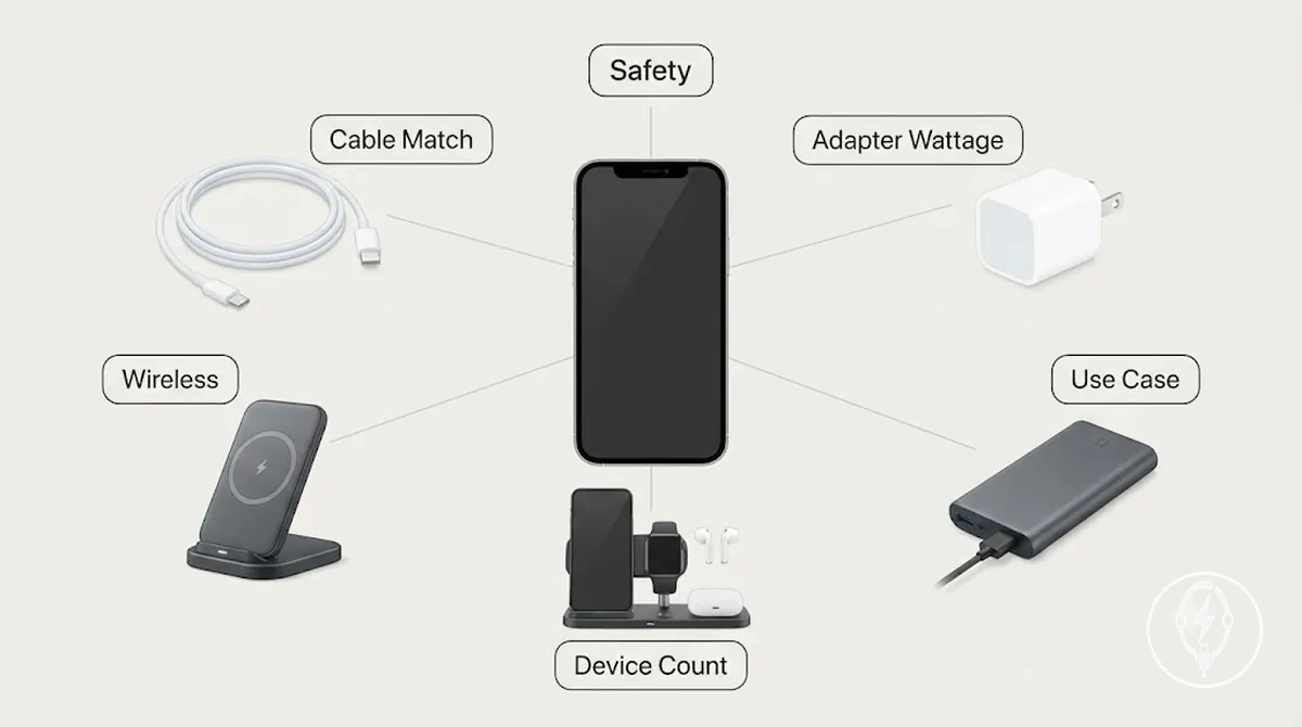 Comparison graphic showing what makes an iPhone charging accessory worth shortlisting based on compatibility, charging method, safety, and intended use