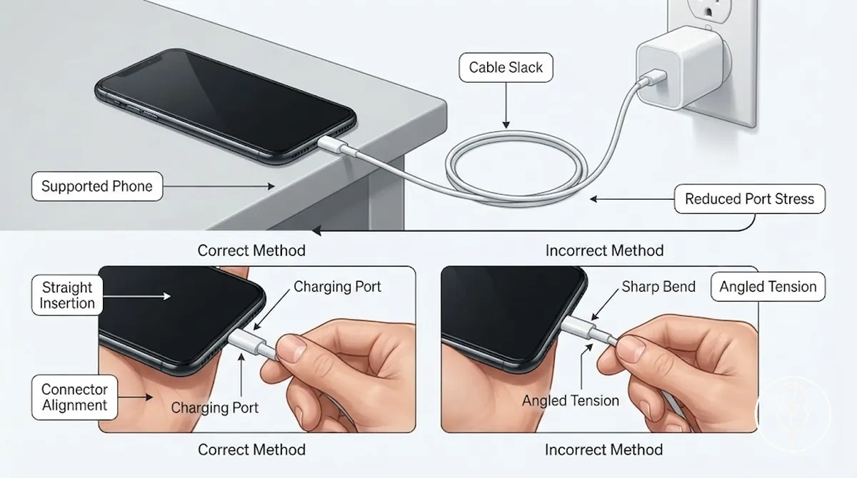 Straight connector insertion with a supported phone and relaxed charging cable