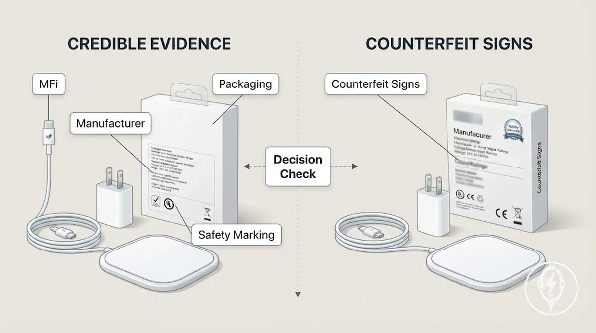 Annotated packaging showing safety markings, manufacturer information, and compatibility indicators on an iPhone charging accessory