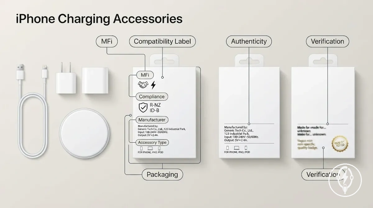 Close-up of iPhone charging accessory packaging highlighting MFi-style compatibility area, compliance marking area, and manufacturer information