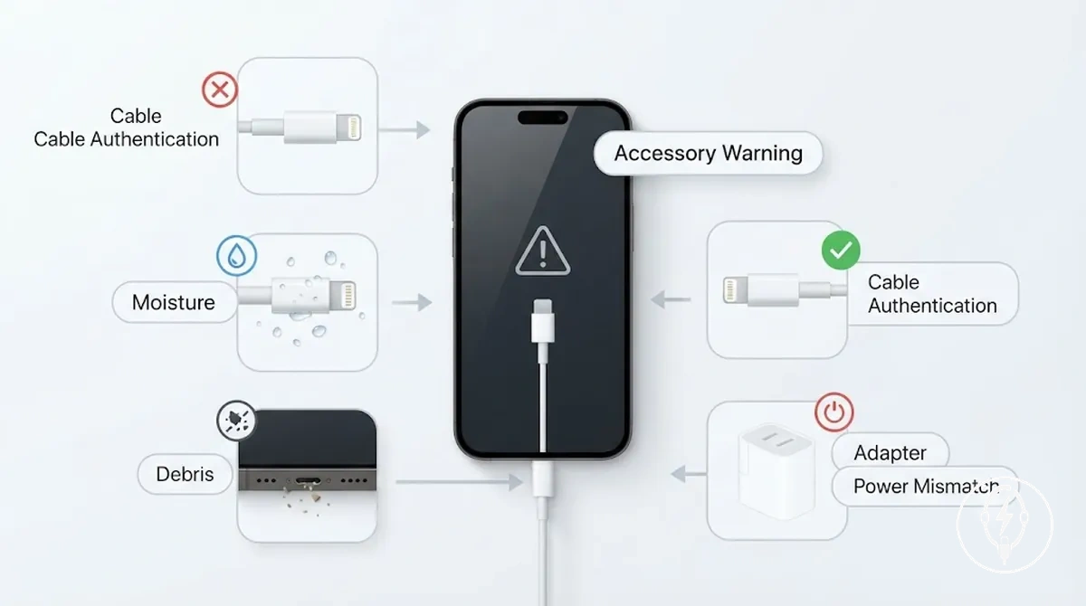 iPhone displaying an accessory not supported or too much power charging warning