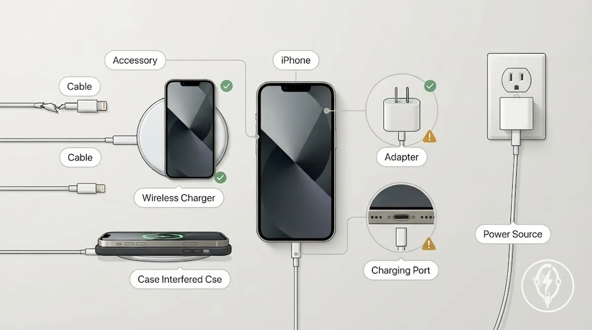 iPhone connected to a charging cable with a power adapter and wireless charger during charging diagnostics