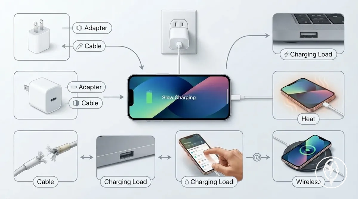 iPhone displaying a slow charger warning while connected to a charging accessory