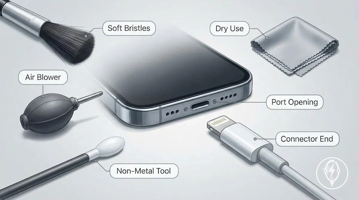 Soft brush air blower and non-metal tool for iPhone charging port cleaning