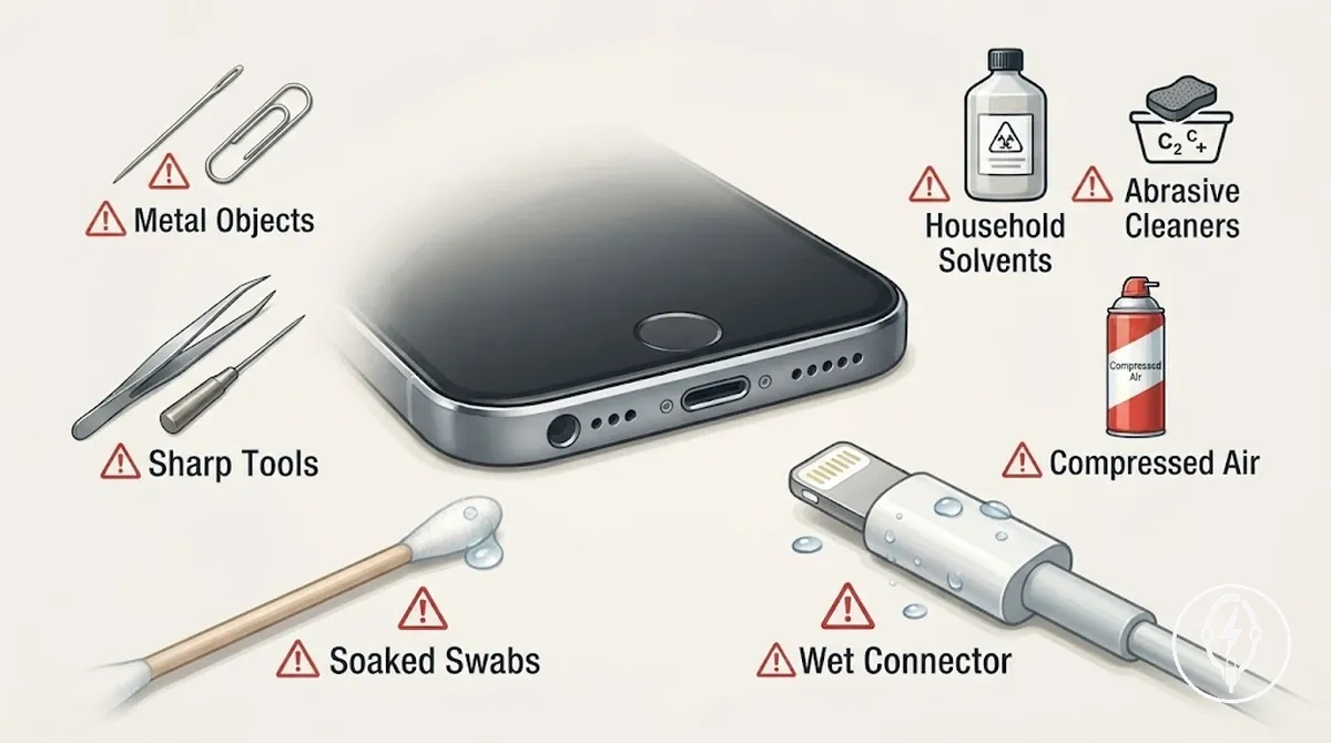 Tools and liquids to avoid when cleaning iPhone charging contacts