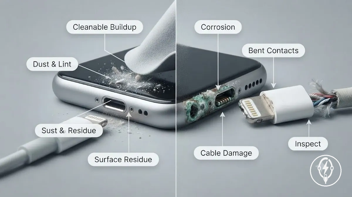 Cleanable dust and non-cleanable damage on iPhone charging contacts and connector ends