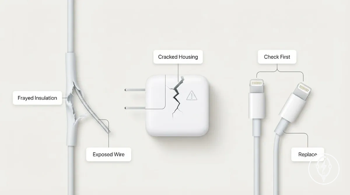 Damage signs on iPhone charging accessories that indicate replacement may be necessary