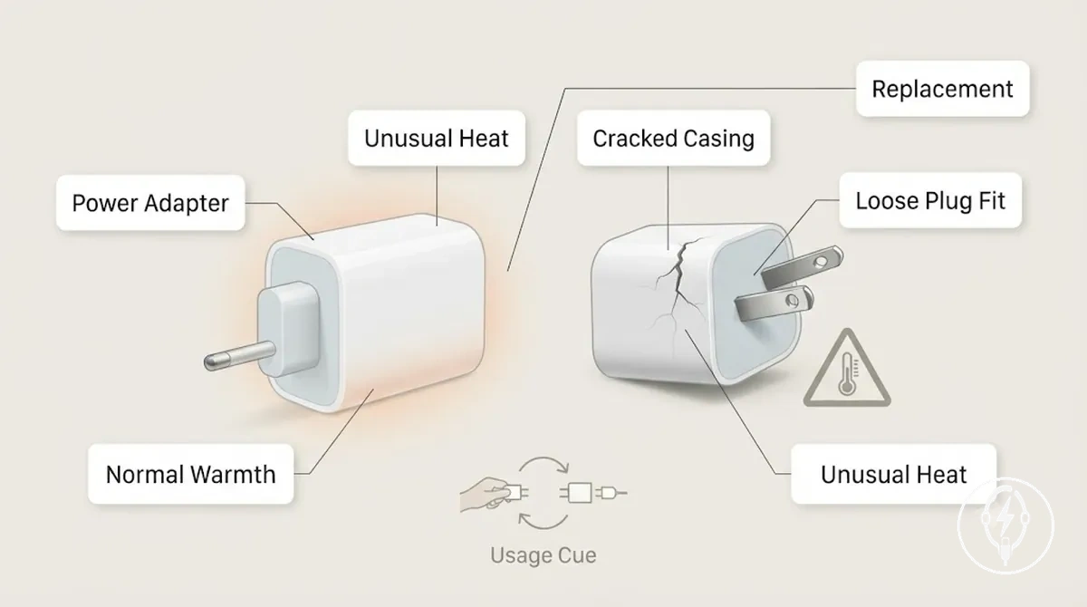 iPhone charging adapter showing casing, plug fit, and heat-related stress indicators