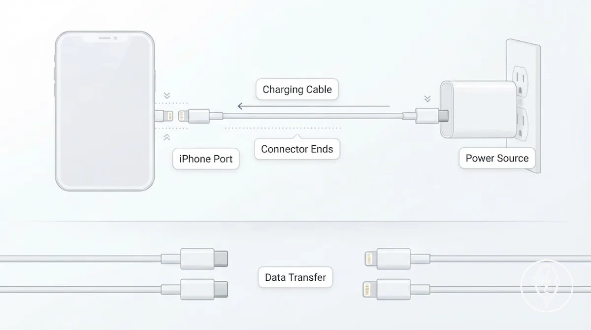 iPhone charging cable connector ends for connector-dependent charging
