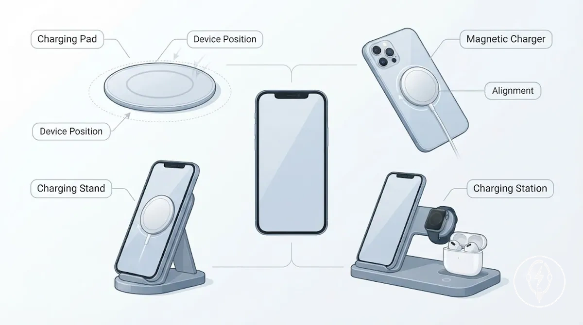 Wireless charging accessories for iPhone including pad magnetic charger stand and station