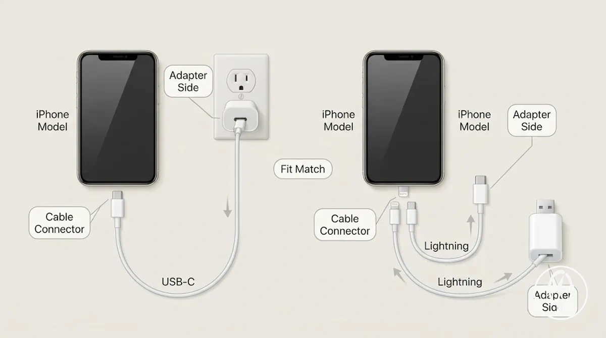 Annotated iPhone charging ports and cable connectors for charger compatibility