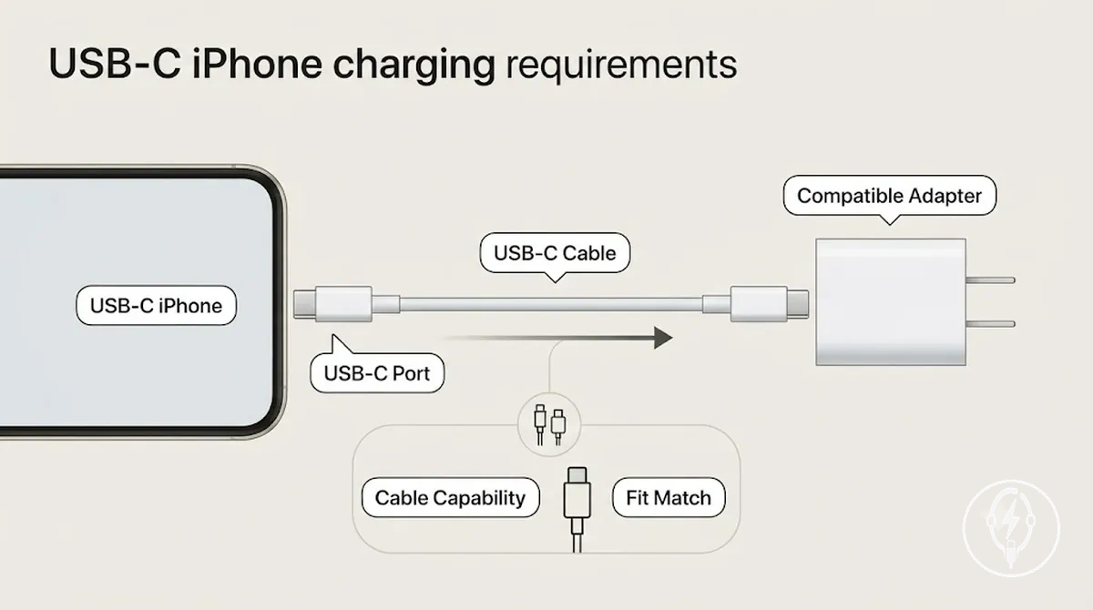 Diagram of USB-C iPhone connected with USB-C cable and compatible adapter