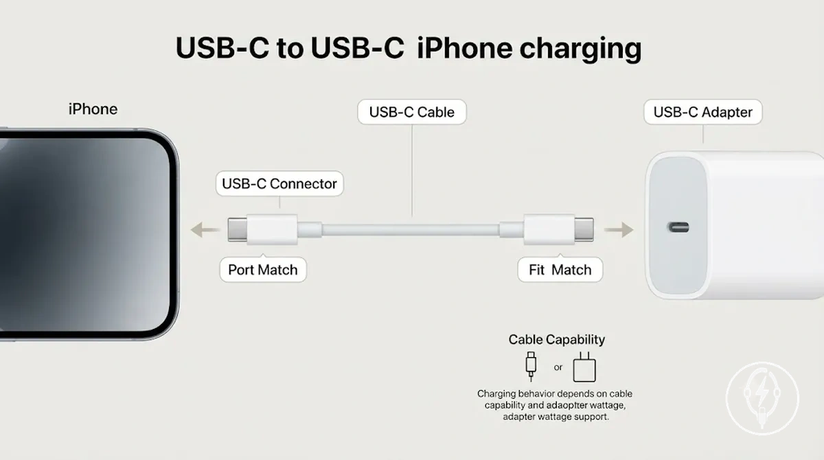 Diagram showing USB-C to USB-C cable fit between iPhone and USB-C adapter
