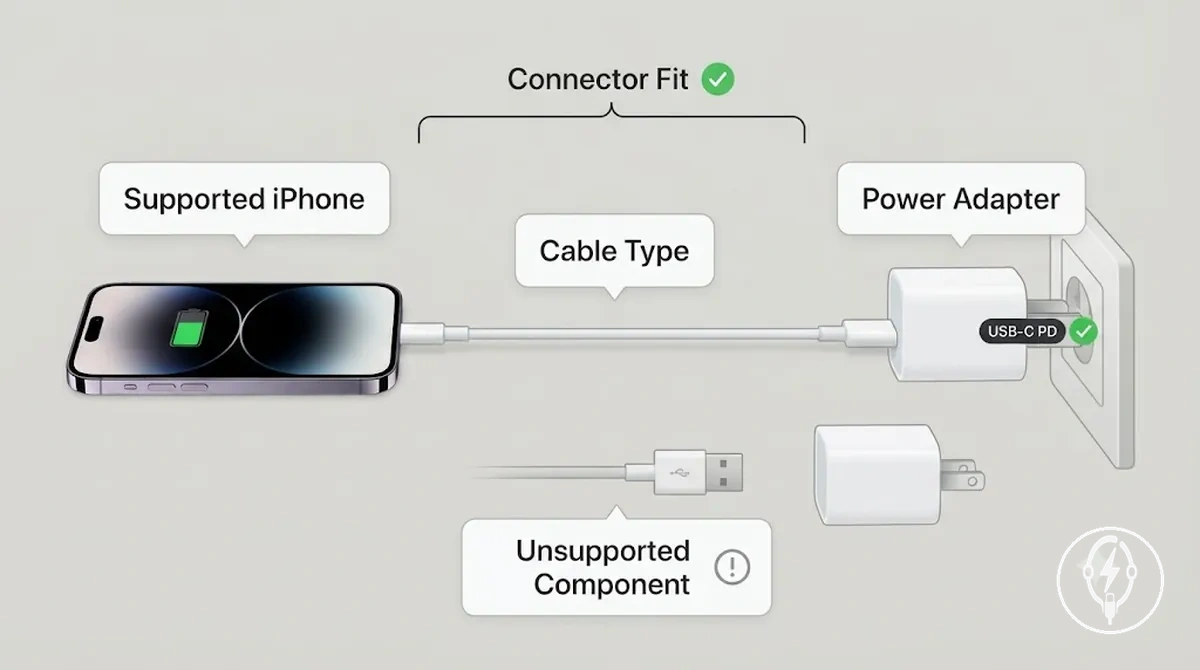 iPhone fast charging requirements diagram showing supported phone, adapter, cable, and connector