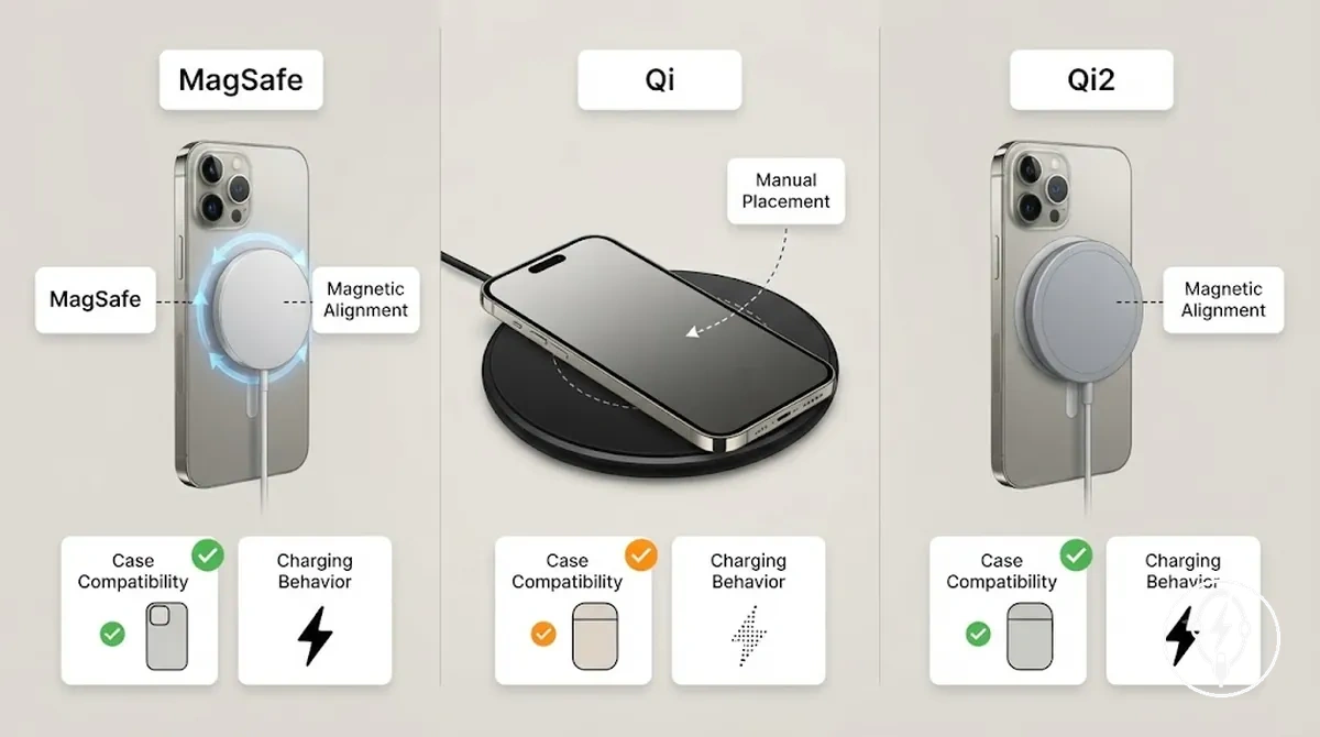 MagSafe Qi and Qi2 wireless charging differences for iPhone alignment and compatibility